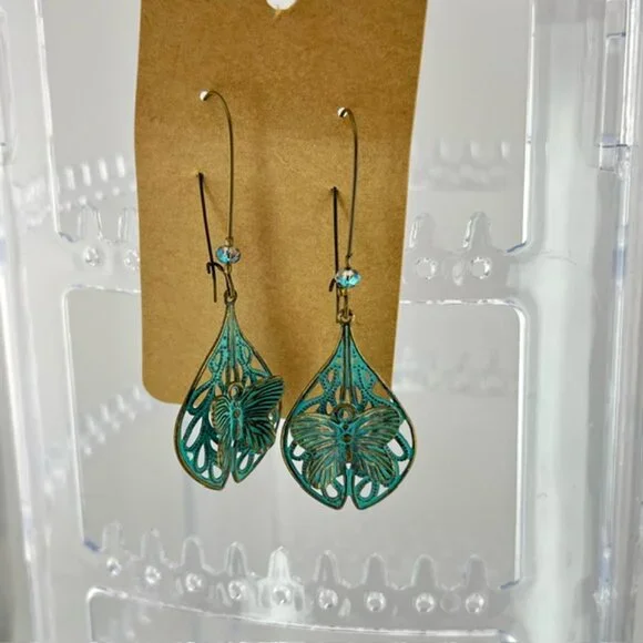 Patinaed-Metal Butterfly Filigree Drop Earrings - Picture 3 of 3